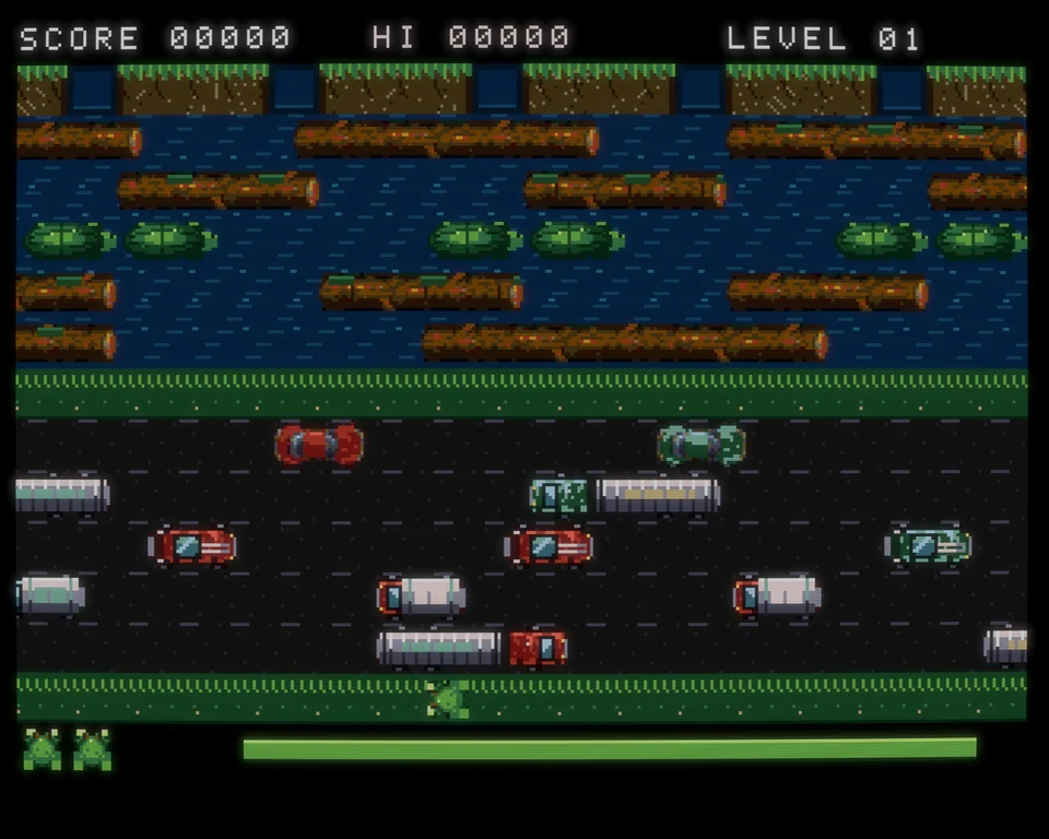 Croak on the Amiga with colourful traffic lanes, river logs, turtles and five frog homes