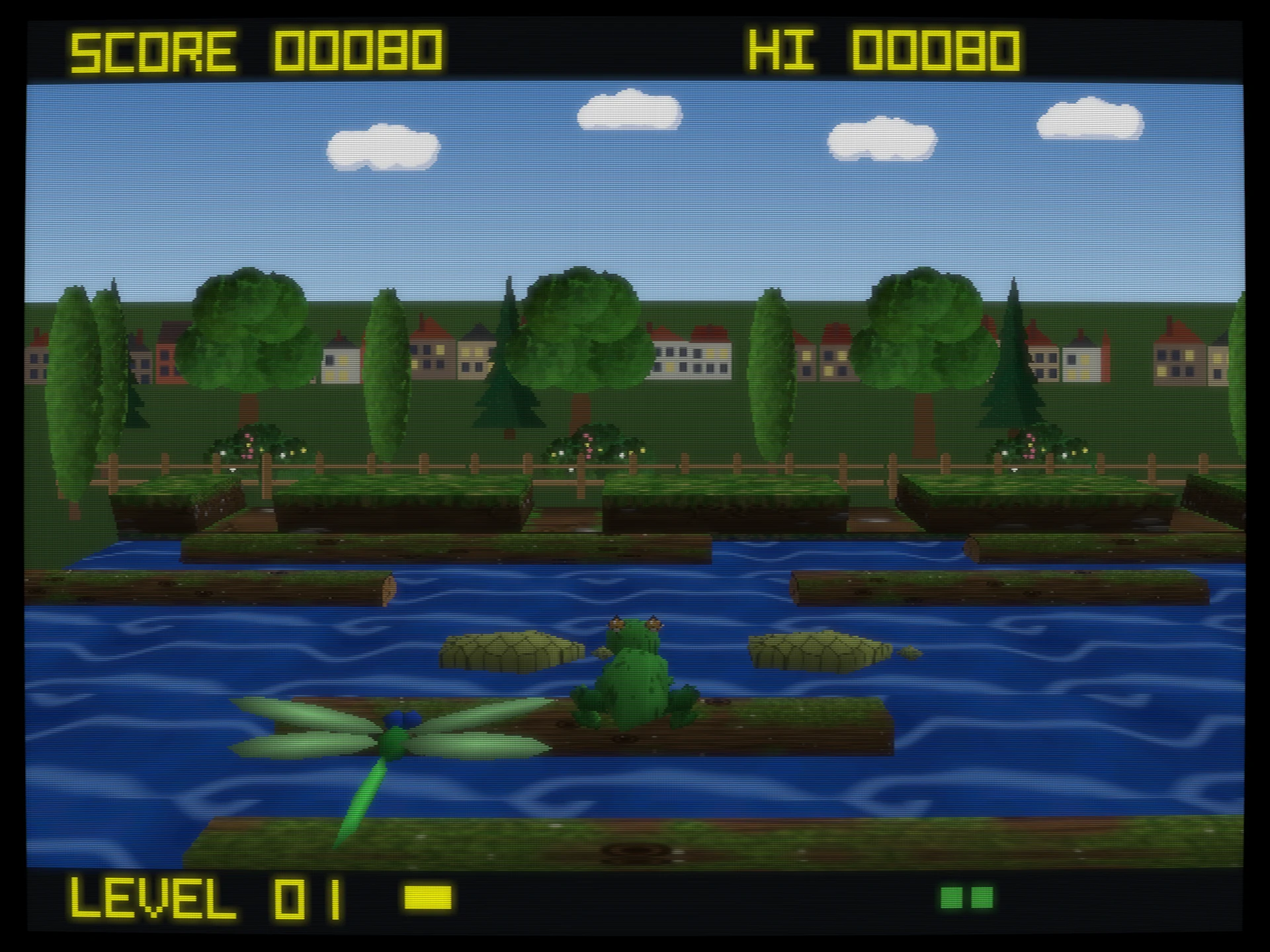 Croak on Dreamcast in third-person view: a 3D green dragonfly hovers close to the camera in the foreground, its four pale wings spread and its long green abdomen trailing, while the frog sits on a floating log beyond it, with turtles and logs on the river, the hedged home bays and a village on the skyline