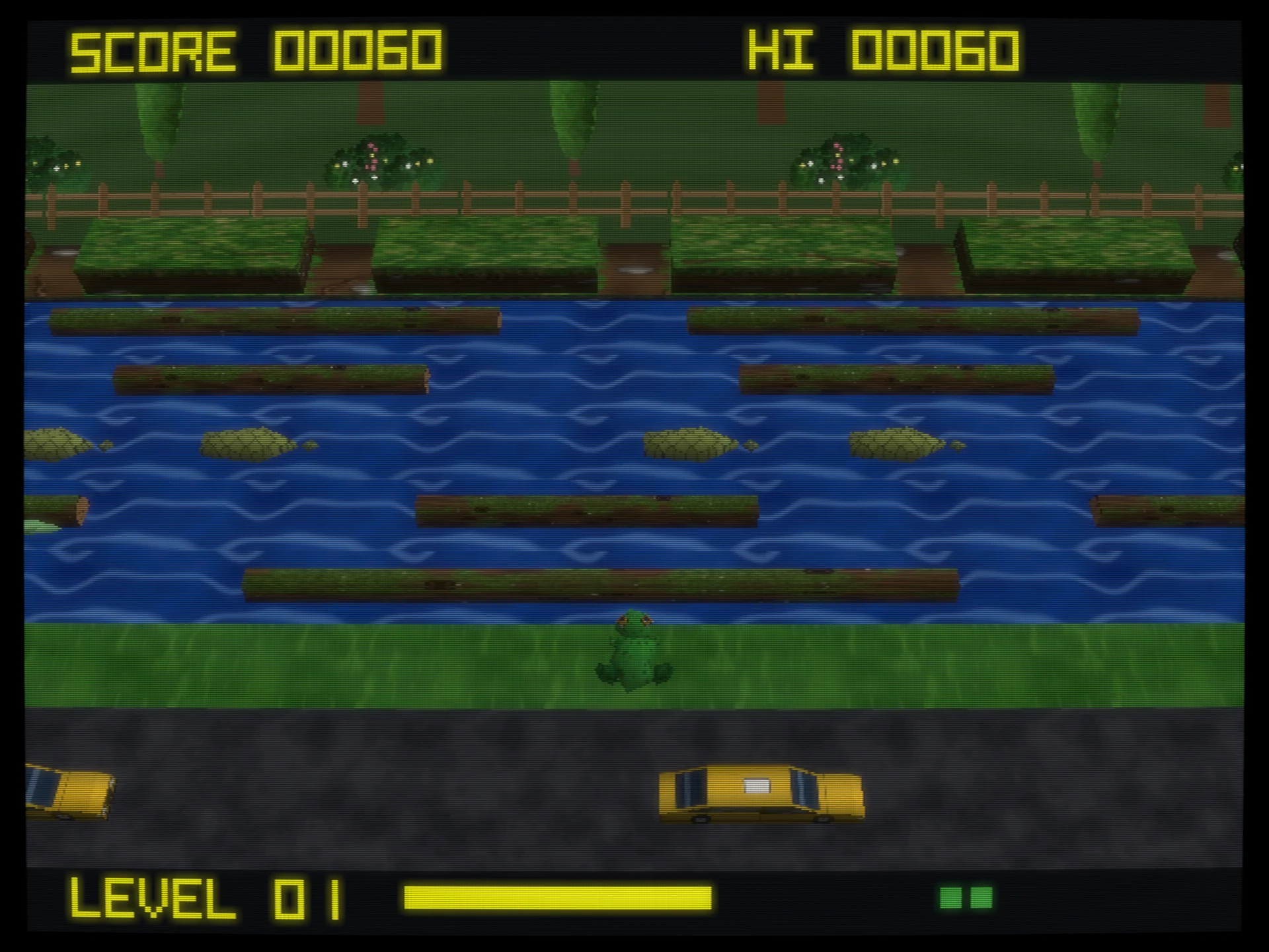 Croak on the Dreamcast in the follow view: the camera looks down from behind the frog on the central verge, with yellow cars on the road below and logs and turtles on the river ahead
