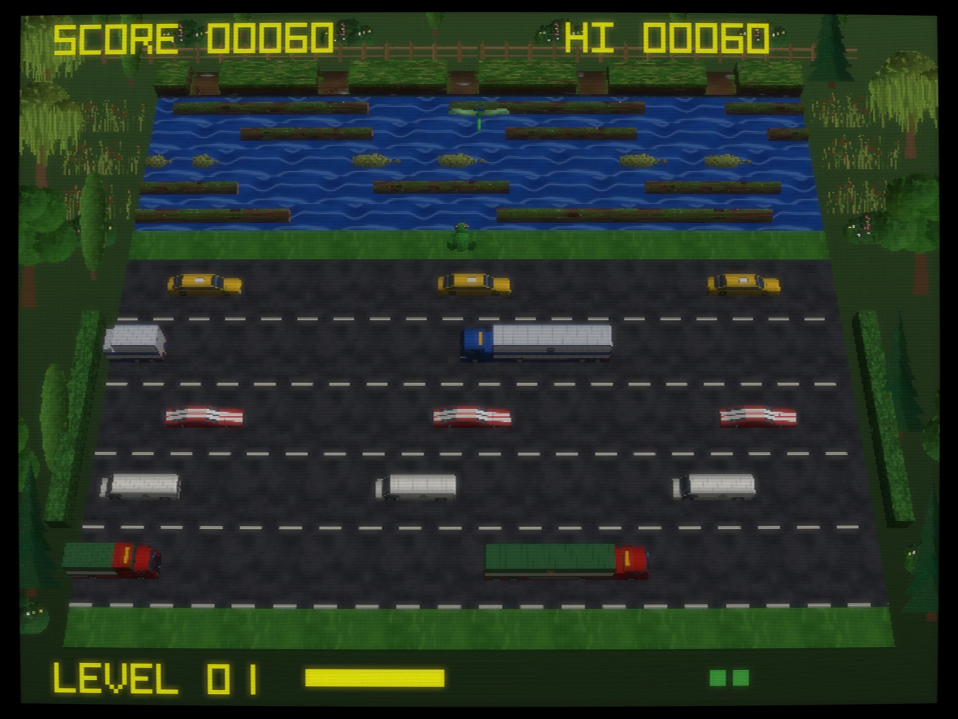 Croak on the Dreamcast in the stadium view: the whole board from high above, with cars, vans and lorries on every road lane, the frog on the central verge, and the river and homes beyond