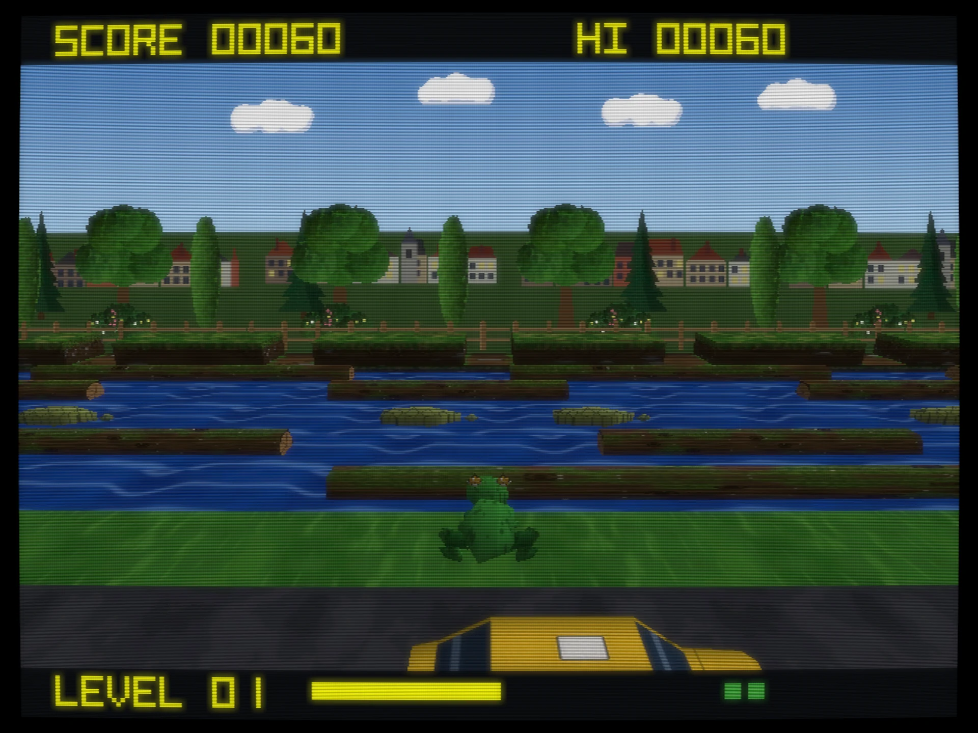Croak on the Dreamcast in the third-person view: from low behind the frog on the central verge, the river of logs and turtles stretches ahead to the homes, with trees and a village on the skyline