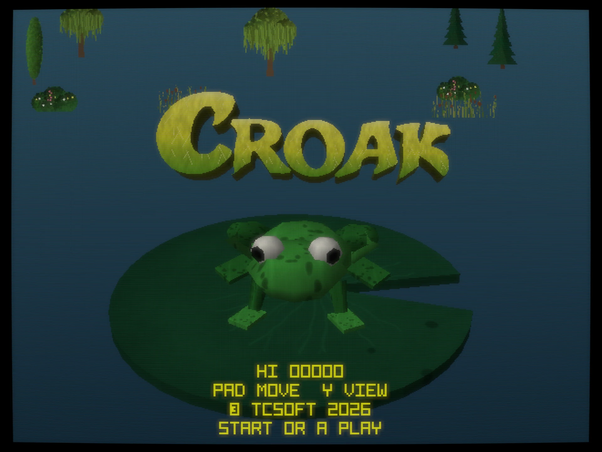 Croak's Dreamcast title screen: the 3D frog sits on a lily pad beneath the yellow CROAK lettering, with trees on the far bank and the high score, controls and copyright line below