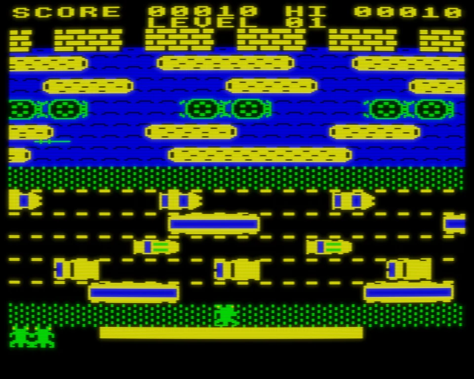 Croak gameplay with a frog, five traffic lanes, river logs and five home bays