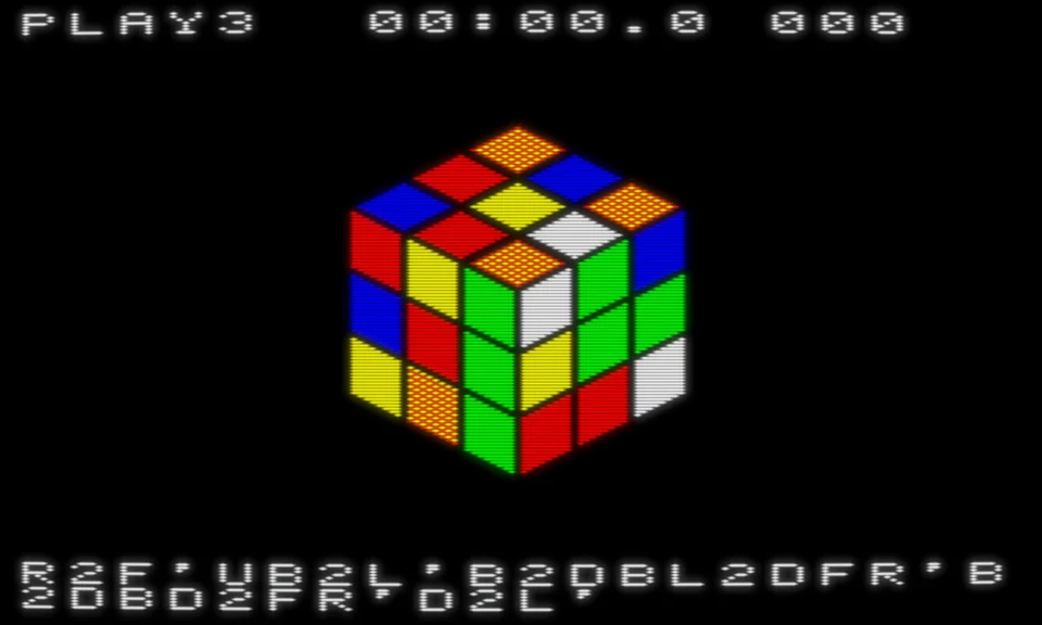 Cubit on the BBC Micro showing an isometric coloured puzzle cube and move instructions