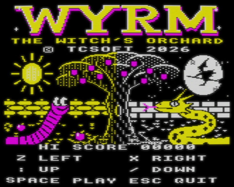 Wyrm: The Witch’s Orchard title screen on BBC Micro