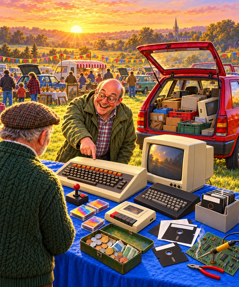 Illustrated car boot sale at sunrise: a cheerful bald man in glasses and a green anorak points at a beige home computer on a stall of second-hand 1980s computer kit, with a monitor, a cassette recorder, floppy discs, a cash tin and a smoking soldering iron, and a red hatchback with its boot open behind