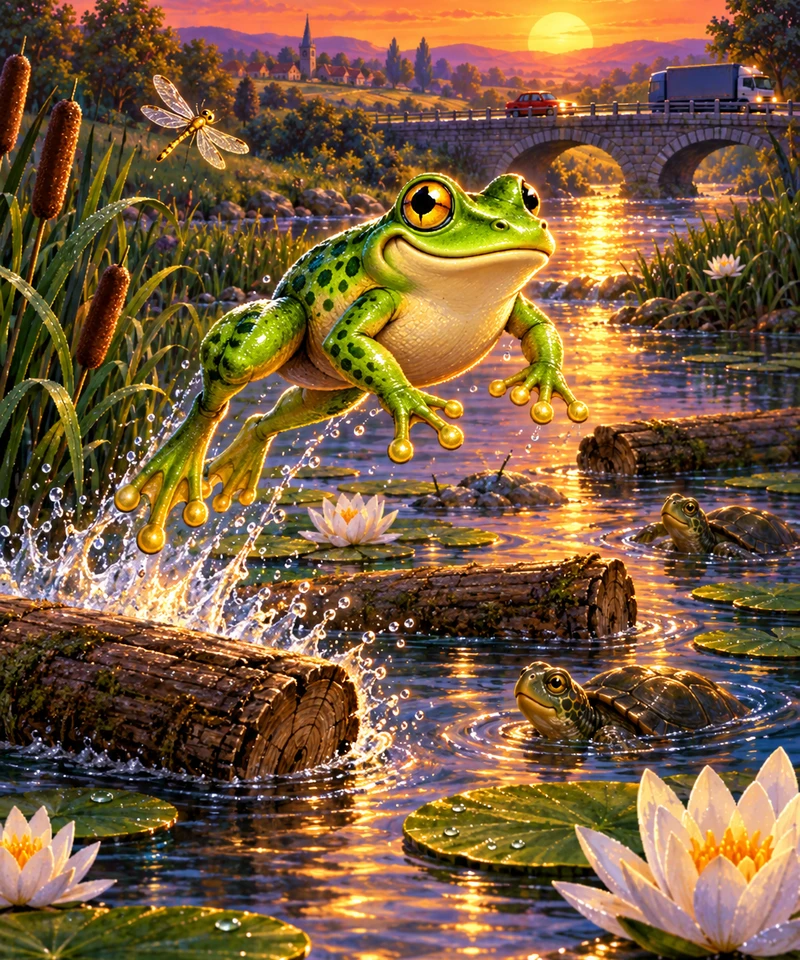 Illustrated green spotted frog leaping off a floating log across a sunset river, with turtles, water lilies, a dragonfly and a stone road bridge behind