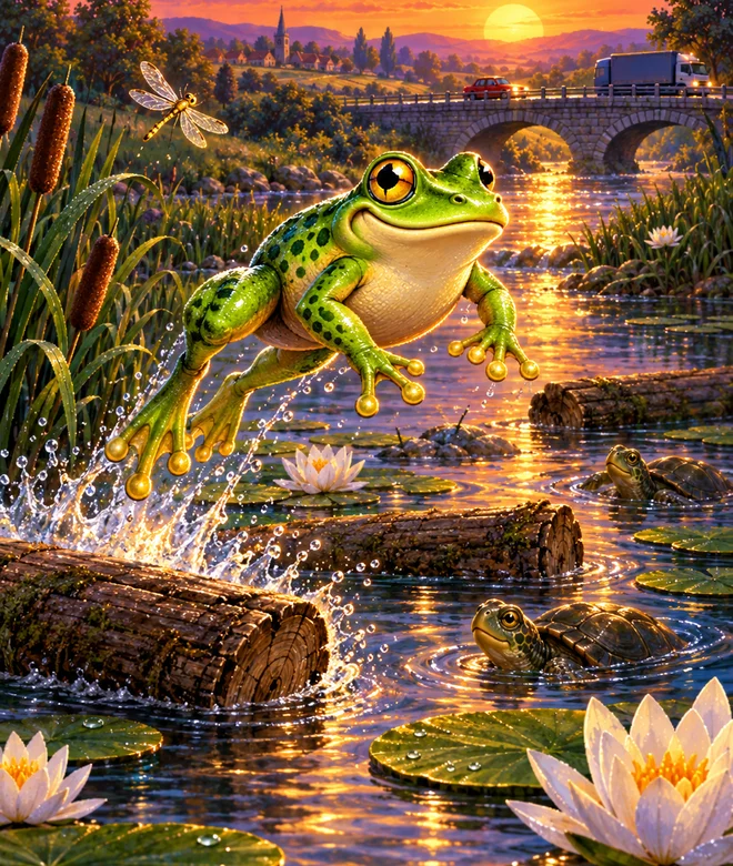Illustrated green spotted frog leaping off a floating log across a sunset river, with turtles, water lilies, a dragonfly and a stone road bridge behind