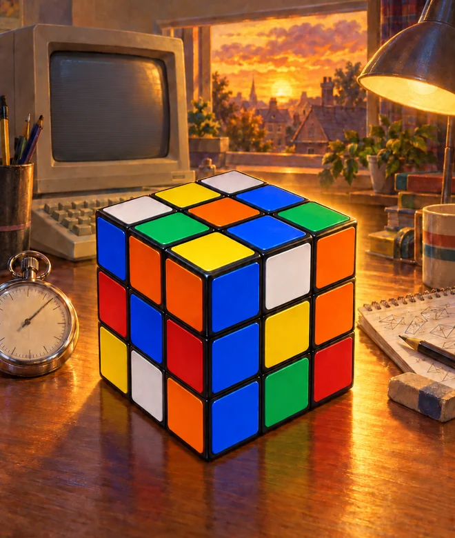 Illustrated scrambled three-by-three puzzle cube on a wooden desk at sunset, beside a beige 1980s home computer, a stopwatch and a notebook