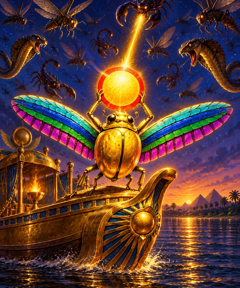 Illustrated golden scarab with rainbow-banded wings on the prow of a golden solar barque, holding up the sun and firing a bolt of light at scorpions, locusts and cobras in the night sky