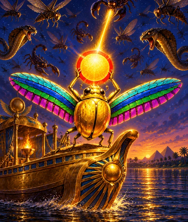 Illustrated golden scarab with rainbow-banded wings on the prow of a golden solar barque, holding up the sun and firing a bolt of light at scorpions, locusts and cobras in the night sky