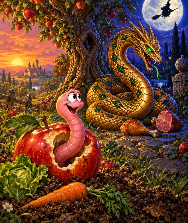 Painted orchard at the turn of day and night: under a sunset sky, Willy the pink earthworm grins out of a bitten red apple beside a lettuce and a carrot; behind him, on moonlit flagstones, the golden Wyrm coils beside a drumstick and a ham while a witch flies across the full moon