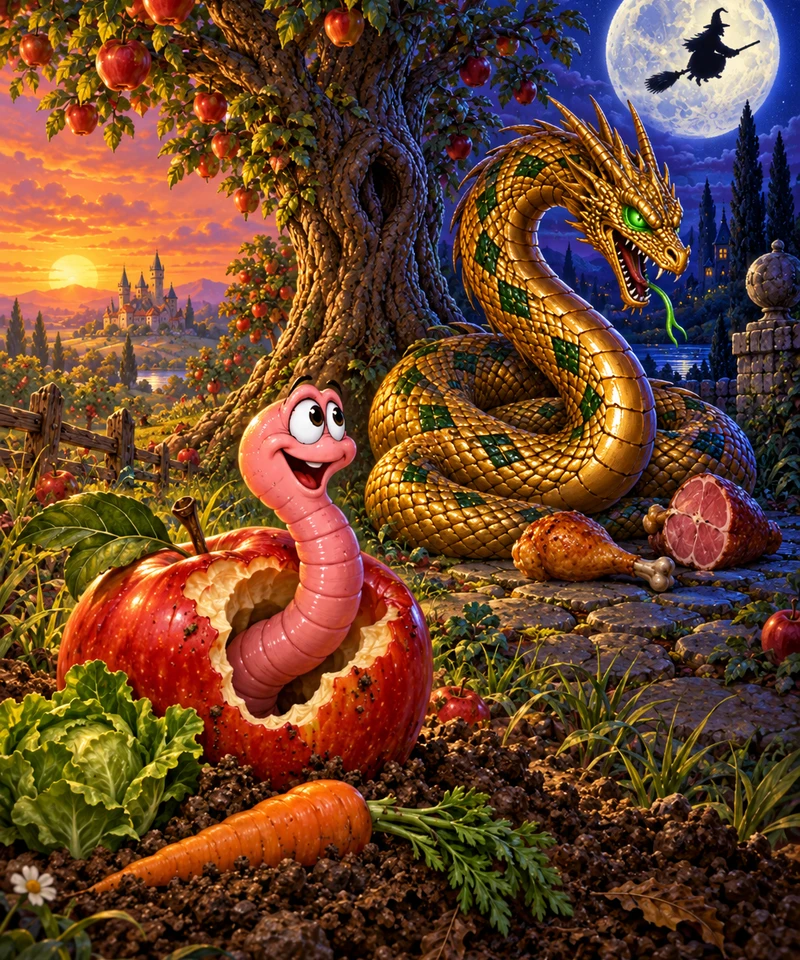 Painted orchard at the turn of day and night: under a sunset sky, Willy the pink earthworm grins out of a bitten red apple beside a lettuce and a carrot; behind him, on moonlit flagstones, the golden Wyrm coils beside a drumstick and a ham while a witch flies across the full moon